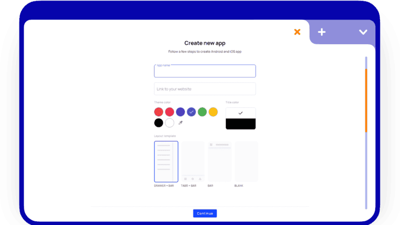 Create new app screen