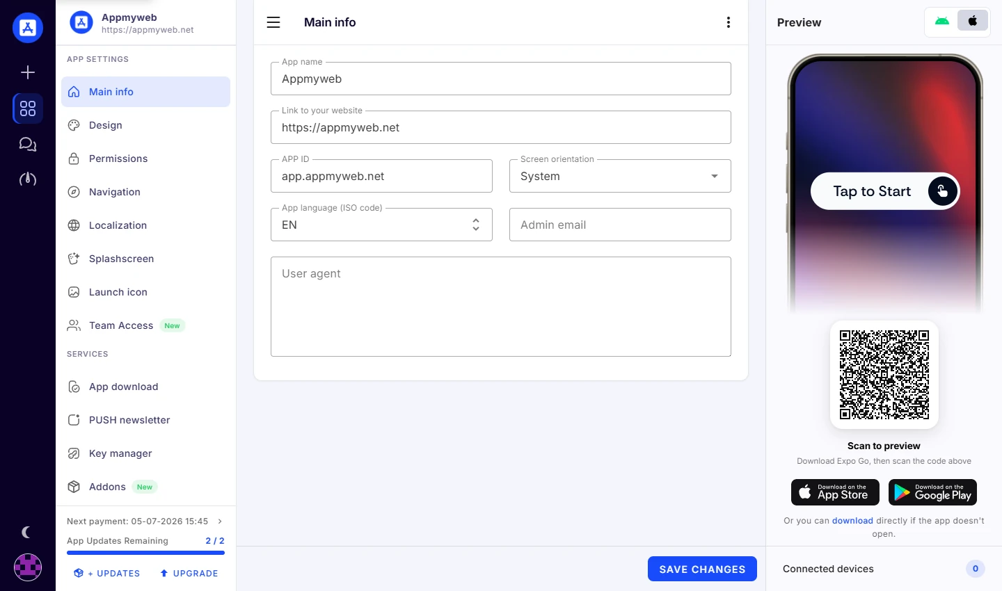 AppMyWeb dashboard — no-code mobile app builder
