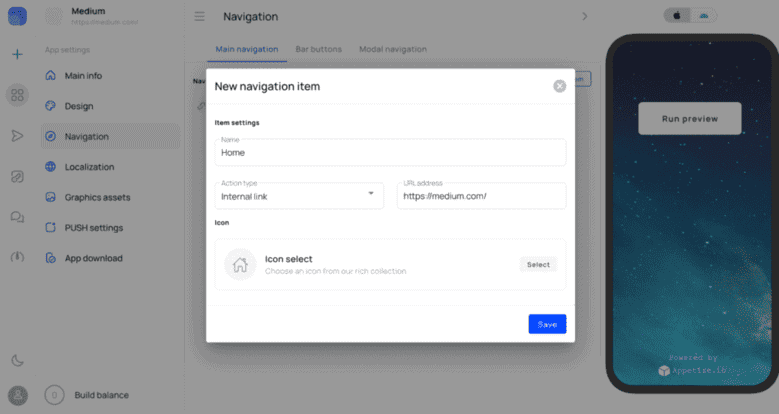navagition app settings screen